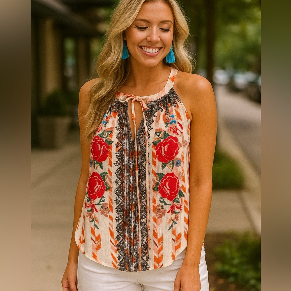 Savanna Jane Red‎ Sleeveless embroidered 
Tie Front Tank Top